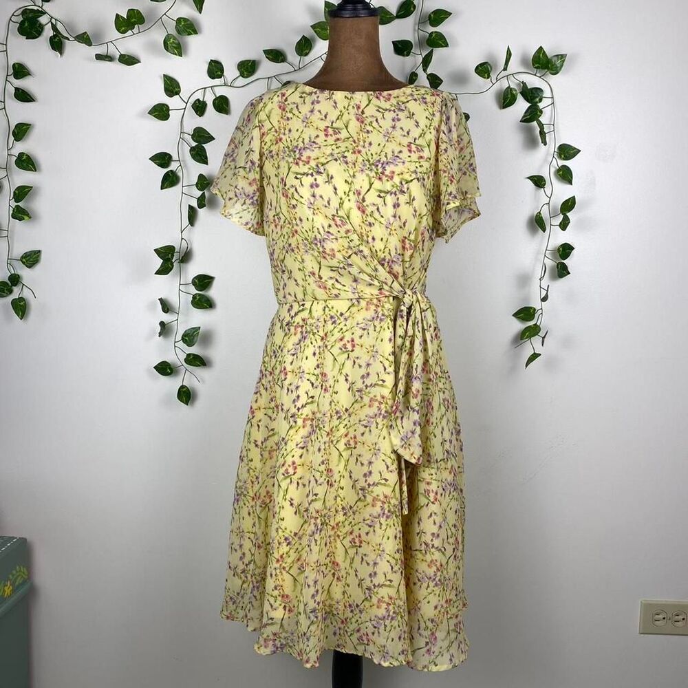 Nicole Miller yellow floral flutter tie dress midi fairy cottage butter garden